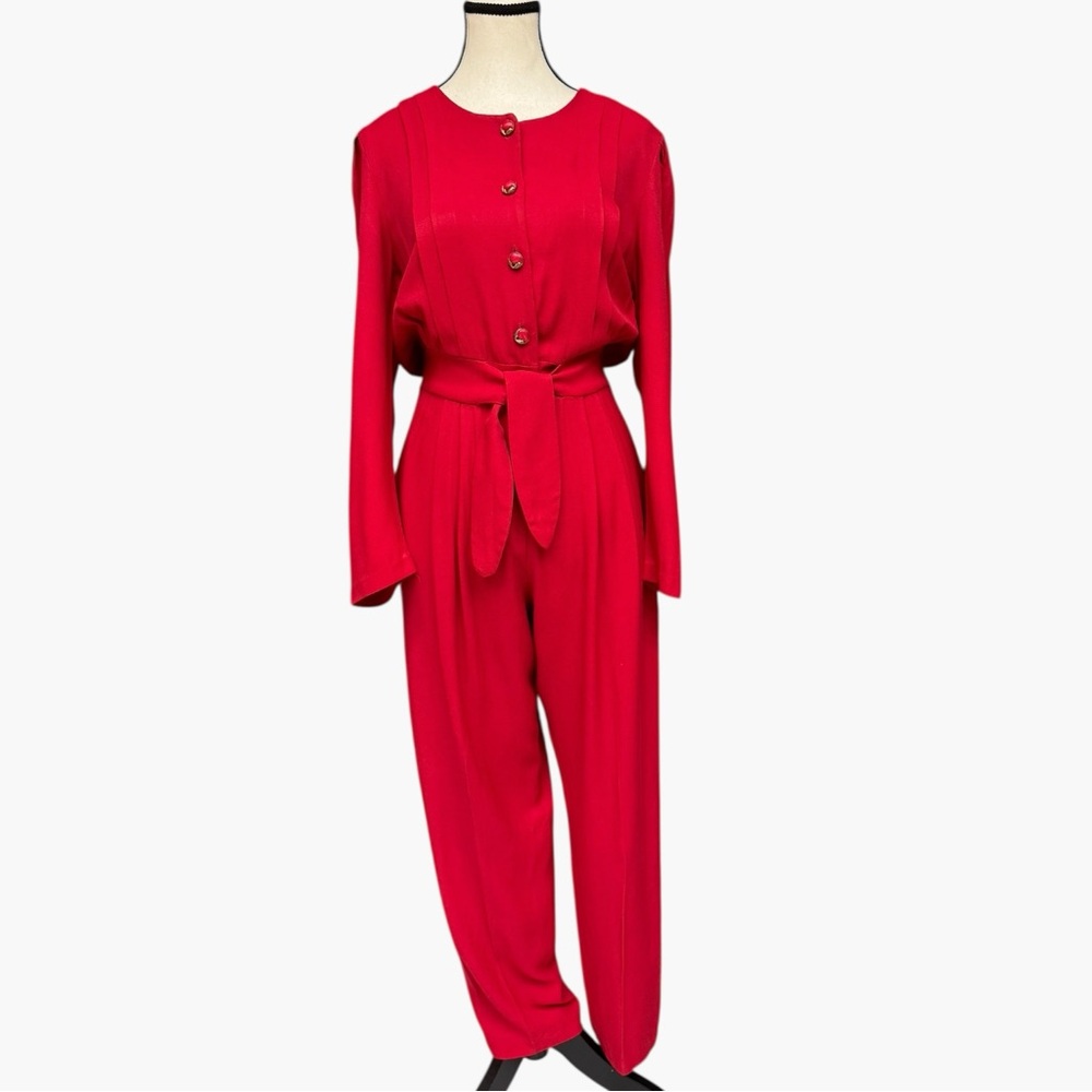 Vintage Red Long Sleeve Button Front Jumpsuit Size 10 Molly Malloy Petite - Picture 4 of 15